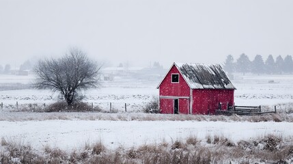 A red barn in a snowy landscape, surrounded by bare trees under a gray sky