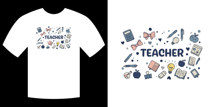 Teacher T-Shirt Design: Cute and colorful teacher-themed design featuring school supplies, books, and an apple, perfect for a teacher appreciation gift or for teachers to wear.