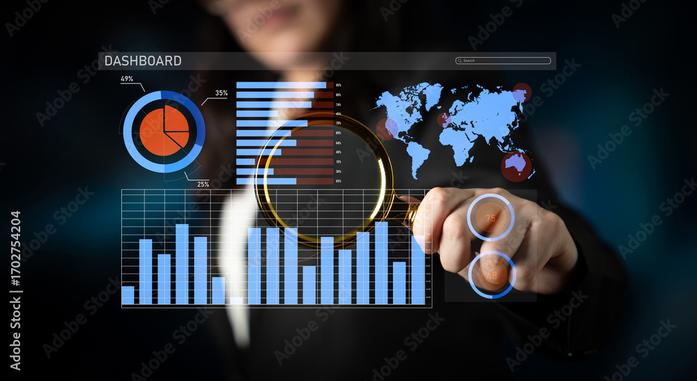 Poster a business woman interacts with a digital dashboard displaying various graphs and charts, highlighti
