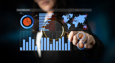 A business woman interacts with a digital dashboard displaying various graphs and charts, highlighting analytics important for informed decision-making and strategic planning. Impute