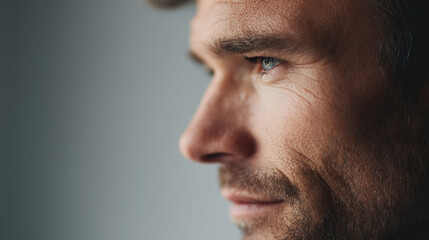 Closeup profile of a contemplative man with piercing eyes. Symbolizes focus, wisdom, introspection. Perfect for themes of leadership, vision, and the human experience.