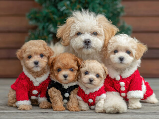Adorable Maltipoo mom and her festive puppies in Santa costumes by a beautiful Christmas tree