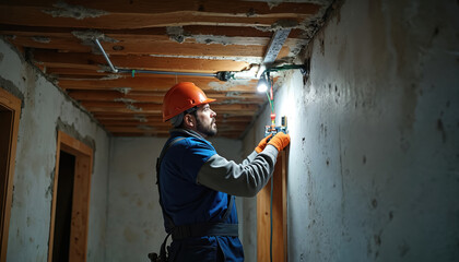 Electrician working on wiring in building under construction. Construction worker in safety hard hat installs electrical cables, power supply. Electrical work, job, professional, industry, home