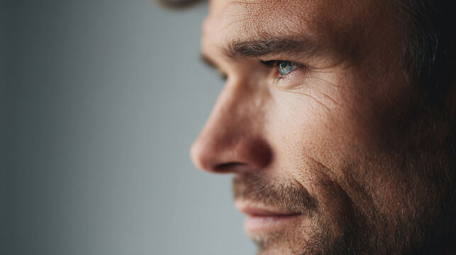 Closeup profile of a contemplative man with piercing eyes. Symbolizes focus, wisdom, introspection. Perfect for themes of leadership, vision, and the human experience. - Powered by Adobe