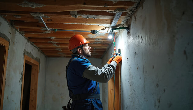 Electrician working on wiring in building under construction. Construction worker in safety hard hat installs electrical cables, power supply. Electrical work, job, professional, industry, home - Powered by Adobe