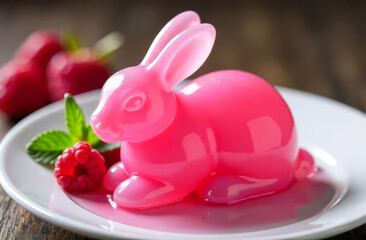 Pink jelly bunny dessert with raspberries. Cute wobbling rabbit gelatin treat.