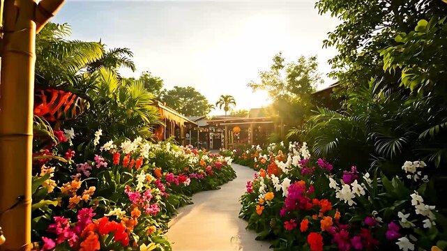 A winding garden path bordered with vibrant flowers leads to a house.