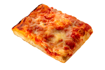 Square slice of pizza with tomato sauce and mozzarella cheese, top view isolated