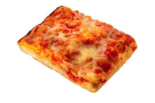 Square slice of pizza with tomato sauce and mozzarella cheese, top view isolated