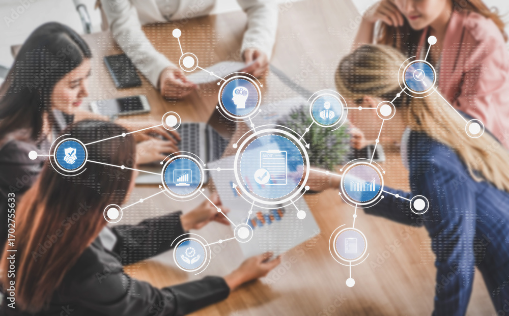Poster a diverse business team engages in a collaborative meeting while utilizing digital tools and data ic