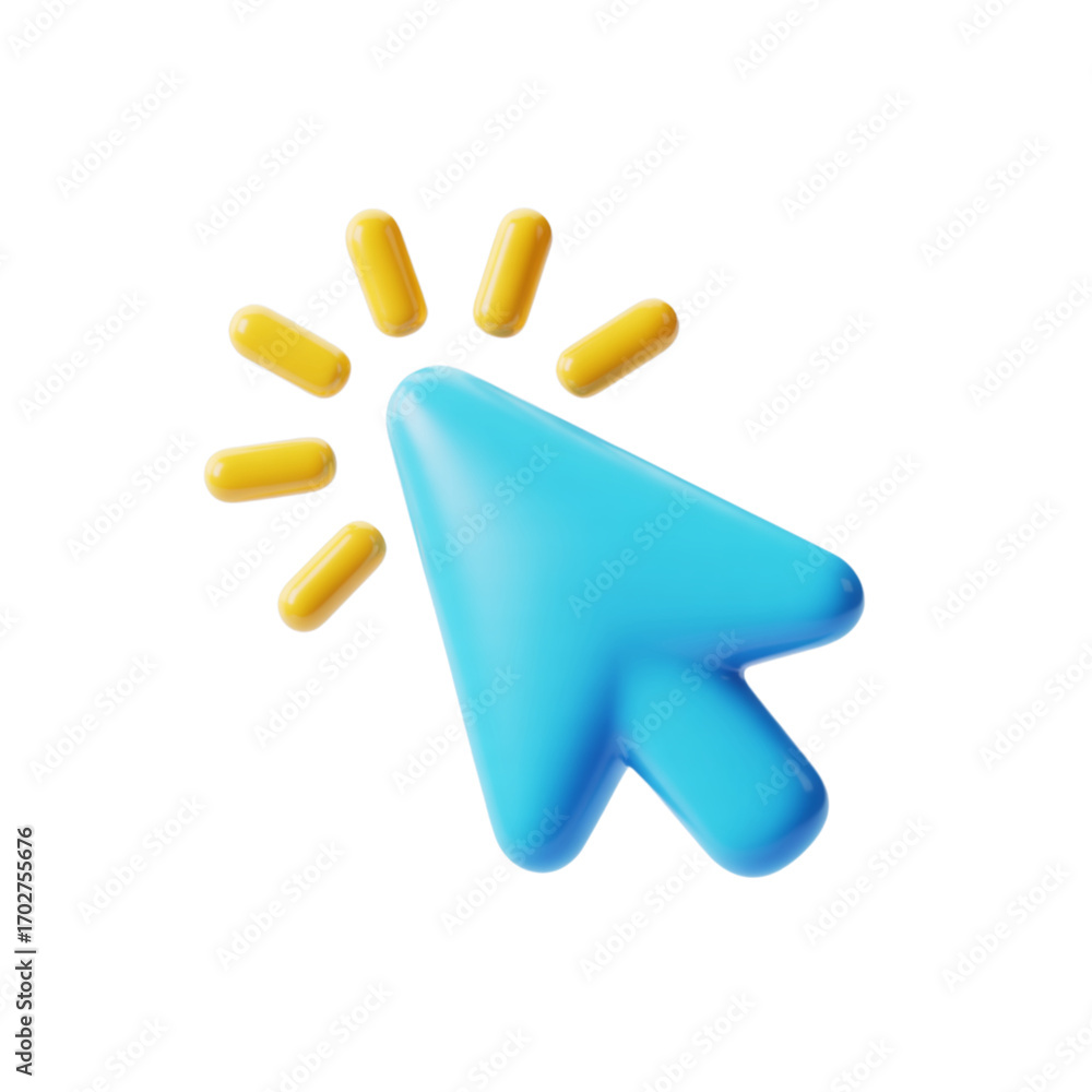 Poster a 3d rendered blue cursor arrow with radiating yellow lines, isolated on transparent background