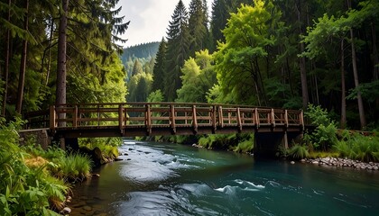 Wooden bridge over a turquoise river in a lush forest