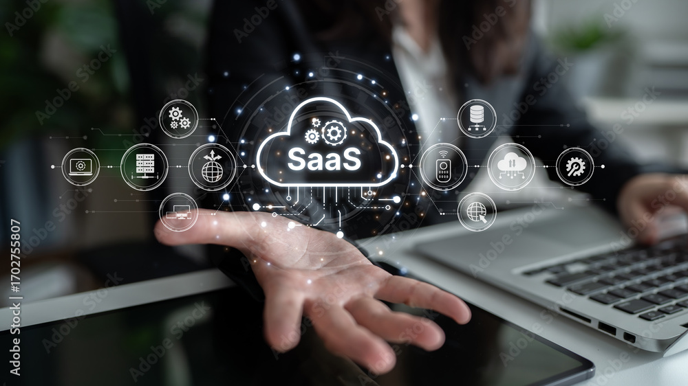 Poster visual representation of saas showing infrastructure, saas deployment, saas platform features, and s