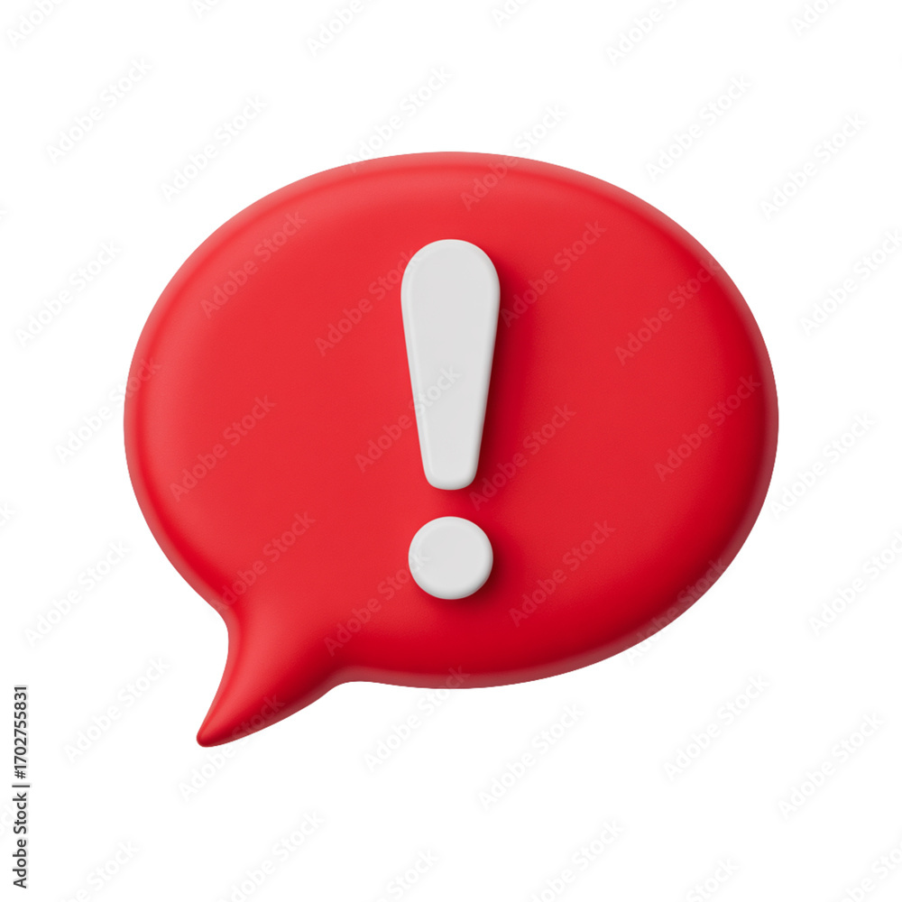 Poster a red speech bubble with a white exclamation mark inside, isolated on transparent background