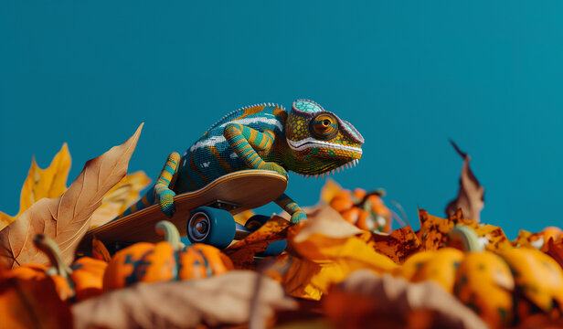 Chameleon riding skateboard through autumn leaves, surreal humorous seasonal scene symbolizing balance, adaptation and playful absurdity. Perfect for festive ads, lifestyle branding 
