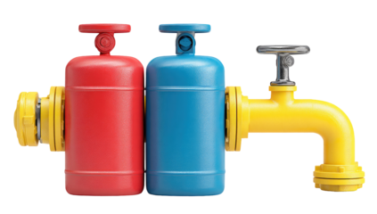 Two colored gas cylinders connected to a yellow faucet
