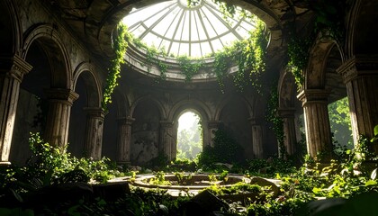 Overgrown Stone Structure Ruins with Arches and Natural Light
