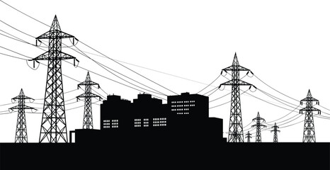 Urban city silhouette with electric towers, high voltage power lines, electricity infrastructure scene, energy supply network illustration, industrial power distribution.