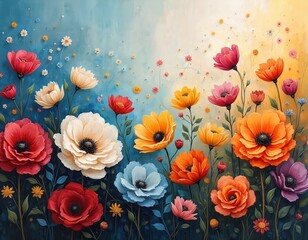 Fototapeta premium Abstract oil painting of colorful flowers. Artistic floral background. Modern art design for wallpaper print. Watercolor texture style, blossoms, roses, poppies. Artwork for decoration or fabric.