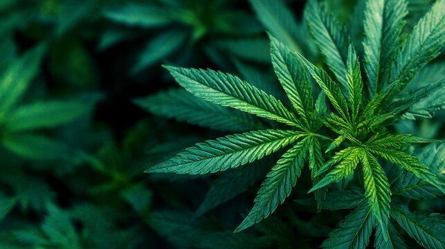 Marijuana plant leaves fill the frame with a focus on a large central leaf showing its distinctive serrated shape