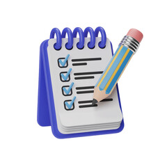 3d illustration of a spiral notebook with a checklist and a pencil, symbolizing task completion and organization, isolated on transparent background