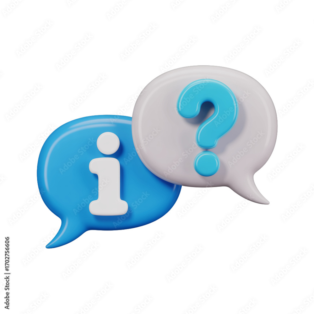 Poster 3d illustration of a blue speech bubble with an information symbol and a white speech bubble with a 