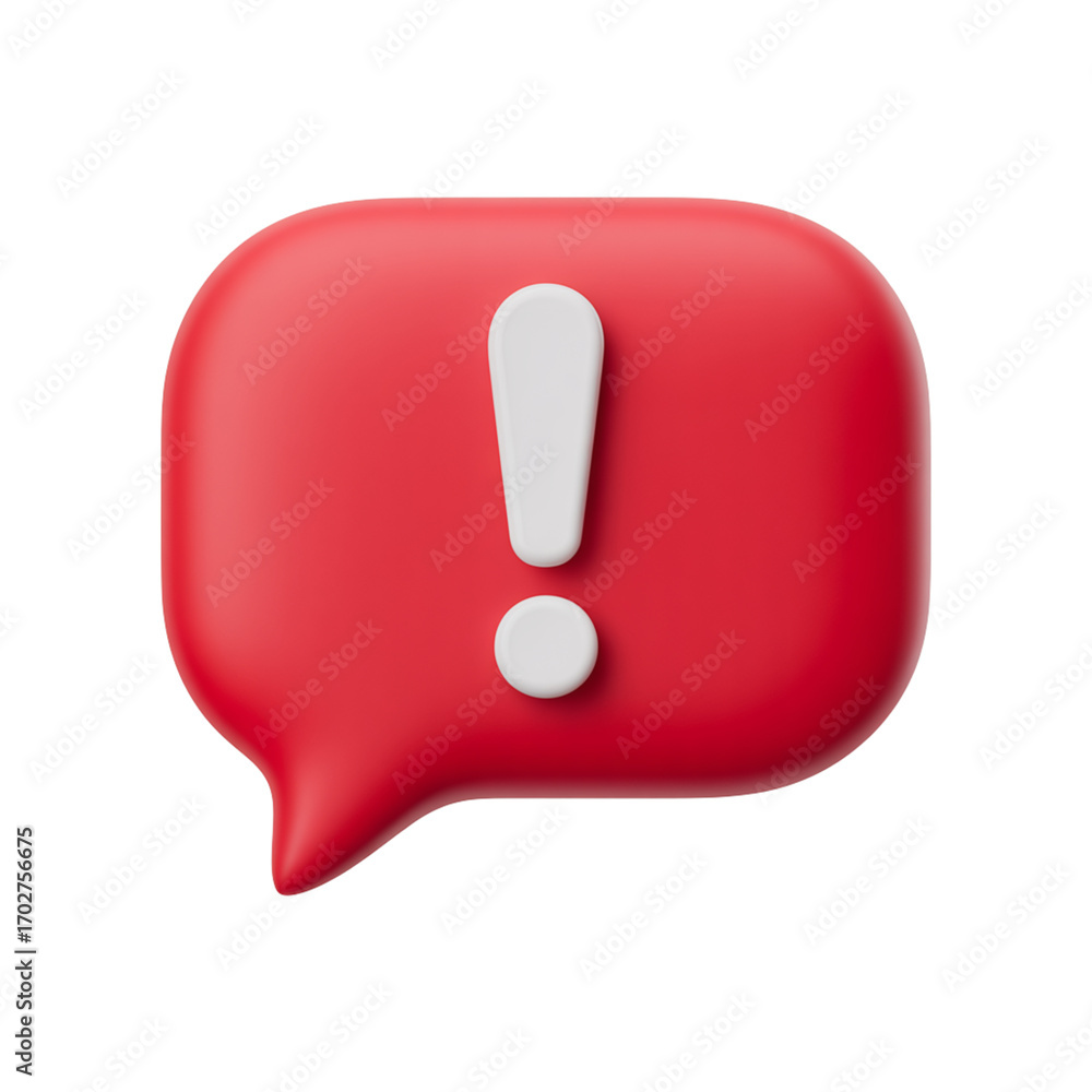 Poster red speech bubble icon with a white exclamation mark, indicating a notification or alert, isolated o