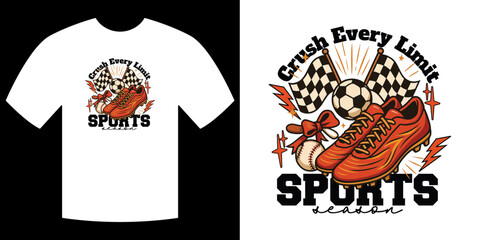 Crush Every Limit Sports Tee Design: Dynamic t-shirt design, inspiring message for athletes. Featuring vibrant illustrations of a soccer ball, pair of shoes, and racing flags.