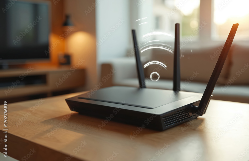 Poster wireless internet router on table in living room at home, transmits wifi signal. modern black device