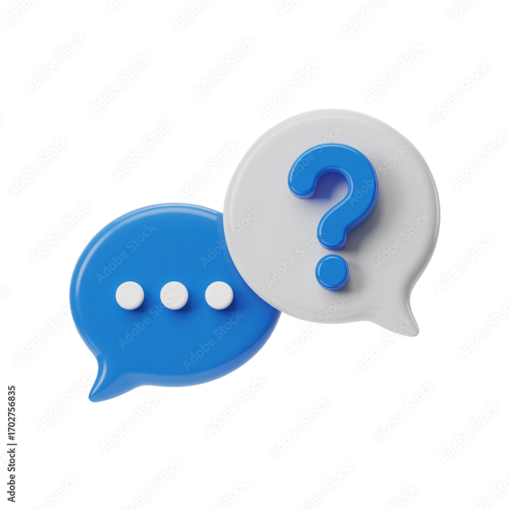 Poster two speech bubbles, one with three dots and the other with a question mark, isolated on transparent 