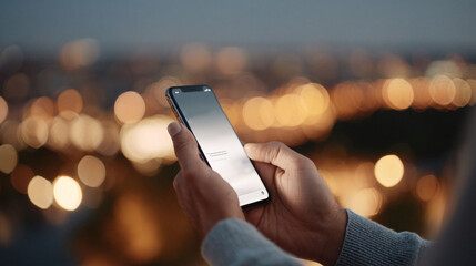 Hands holding smartphone at night, city lights bokeh background. Connectivity, communication, modern tech. Ideal for mobile app, travel, lifestyle themes.