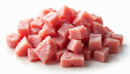 Pile of fresh diced pork meat, cubed and ready for cooking. Raw red protein ingredient for culinary recipes, butchering, and healthy diet nourishment. Delicious tender cuts for epicurean meals.