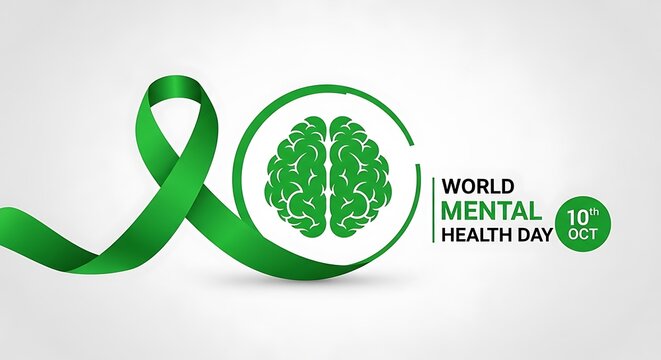 World mental health day october 10, featuring a green ribbon and brain symbol, raising awareness for mental wellbeing