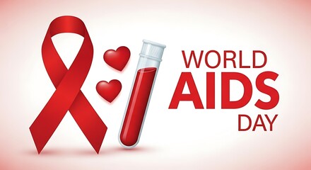 World aids day symbol with red ribbon, test tube, and hearts on a white background