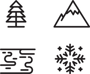 A Collection of Four Simple Line Art Icons Representing Winter Elements Including a Pine Tree Snow Covered Mountain a Winding River and a Snowflake