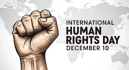 Fist raised in protest against a world map background, symbolizing international human rights day on december 10