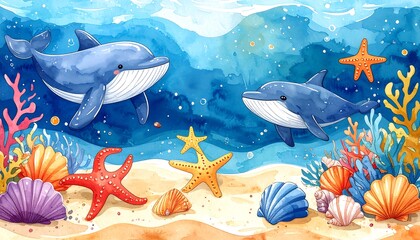 Underwater scene with playful whales