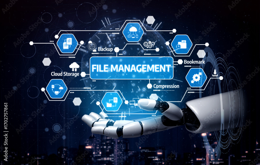 Poster a futuristic robotic hand presents a digital interface showcasing various file management applicatio