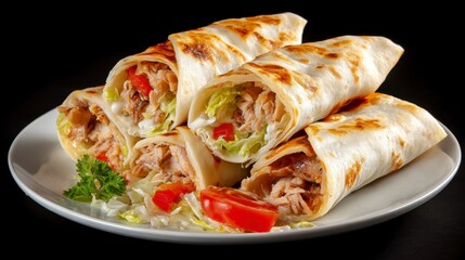 Plate with stacked grilled chicken wraps filled with lettuce tomatoes and a white sauce