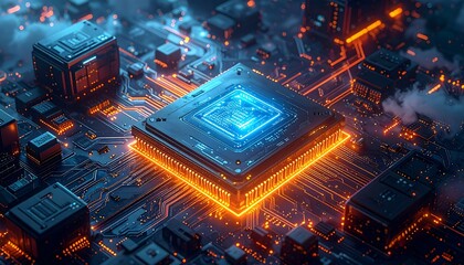 Complex circuitry design featuring a glowing microprocessor and connections