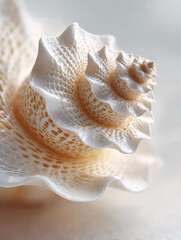 Detailed macro of a textured sea shell. Evokes themes of natures beauty, intricate designs, and coastal elegance. Perfect for backgrounds or conceptual visuals.