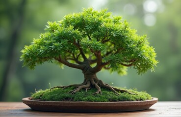 Miniature ornamental tree, bonsai style, featuring rich green foliage, exposed roots. Set in rustic pot on wooden surface with soft, blurred green background. Symbol of patience, tranquility, natural