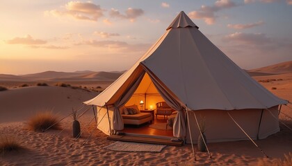 Glamping tent at sunset in desert. Luxurious bedouin style camp in Sahara desert dunes. Travel, adventure, outdoor activity at sunset. Modern nomadic life, eco tourism, glamping. Remote vacation at