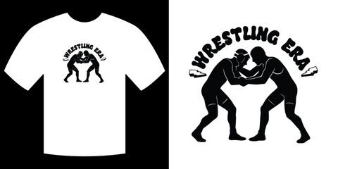 Wrestling Era Tee Design: A vintage-inspired design adorns a crisp, white tee, featuring a classic wrestling silhouette and bold lettering. Ideal for enthusiasts of sports and nostalgic apparel.