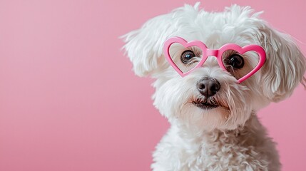 Adorable fluffy white dog wearing pink heart-shaped glasses against a pink background