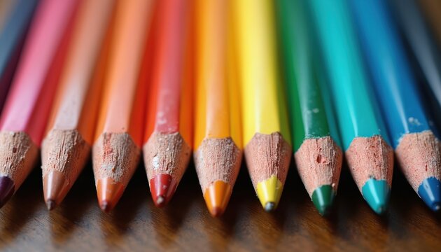 Macro close-up of sharpened colored pencils arranged in rainbow order on wooden surface. Pencils tips creating vivid spectrum. Tool for drawing, art projects, back to school and educational concepts.
