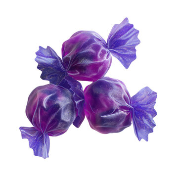 Close-up of three purple, round candies, wrapped in translucent violet paper