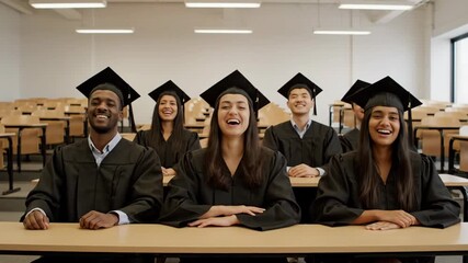 A happy and diverse group of multicultural university students in black graduation caps and gowns laugh and celebrate their academic achievement in a lecture hall - Powered by Adobe