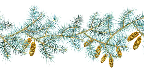 Fir green natural forest pine tree needles branch cones greenery hand drawn watercolor illustration seamless border. Decorative winter seasonal isolated background. Art botanical. Decor poster print