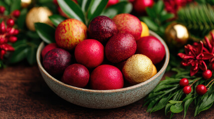 A colorful bowl of festive, decorated eggs surrounded by greenery and holiday decorations, evoking a warm, seasonal atmosphere.